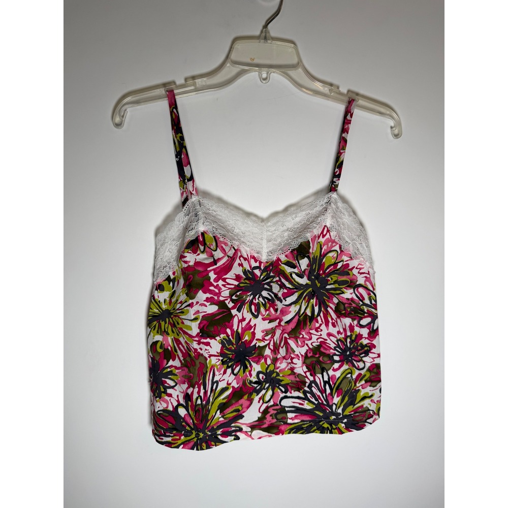 Trina Turk Floral Lace Trim Cotton Camisole Top Pink Green Petite P NWT